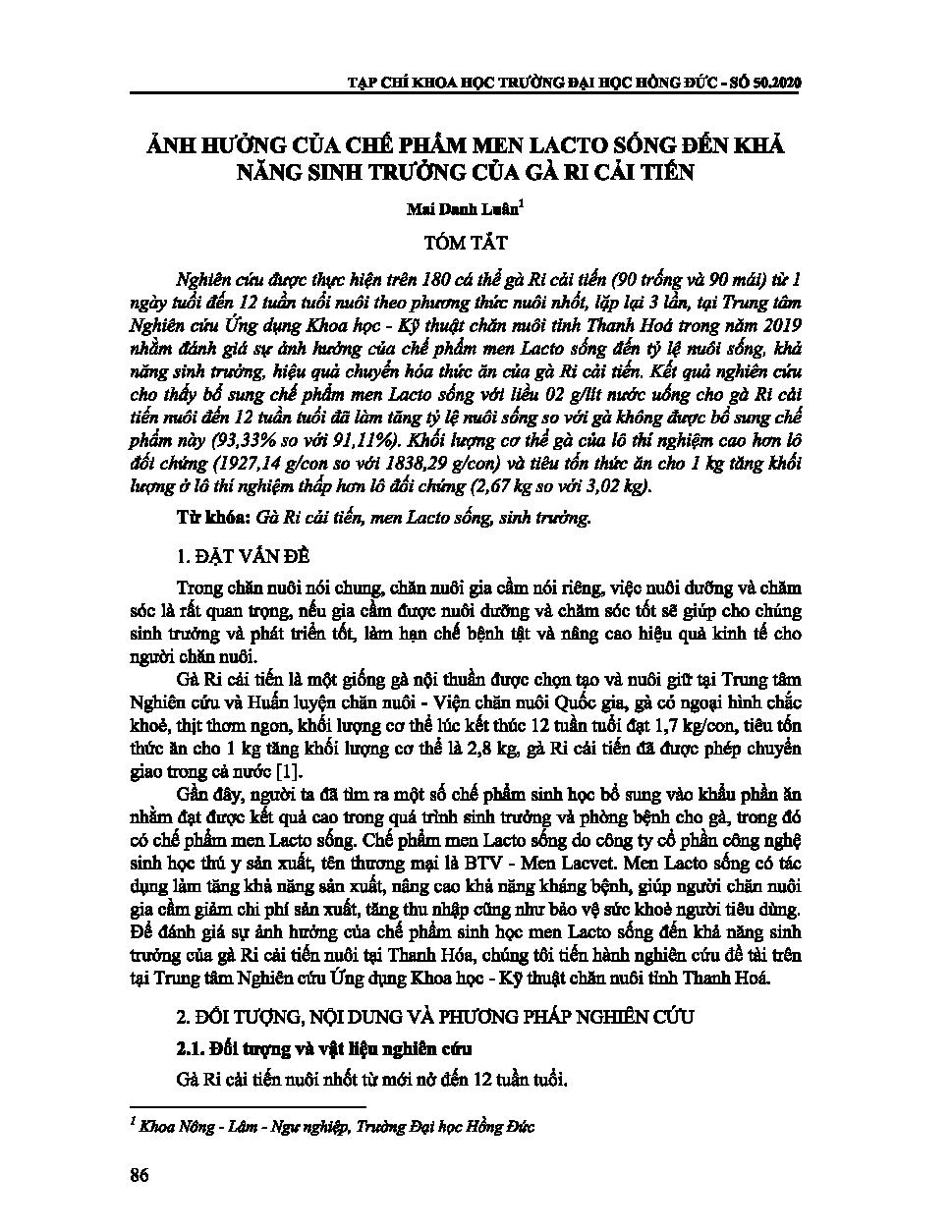 EFFECT OF LIVE LACTO YEAST SUPPLEMENTATION IN DIET ON THE GROWTH OF IMPROVED RI CHICKENS = ẢNH HƯỞNG CỦA CHẾ PHẨM MEN LACTO SỐNG ĐẾN KHẢ NĂNG SINH TRƯỞNG CỦA GÀ RI CẢI TIẾN