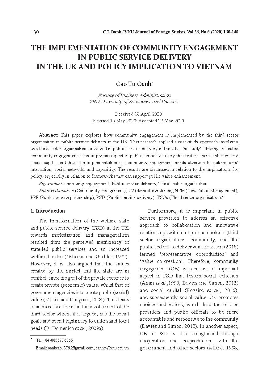 GẮN KẾT CỘNG ĐỒNG TRONG PHÂN PHỐI DỊCH VỤ CÔNG Ở VƯƠNG QUỐC ANH VÀ HÀM Ý CHÍNH SÁCH CHO VIỆT NAM = THE IMPLEMENTATION OF COMMUNITY ENGAGEMENT IN PUBLIC SERVICE DELIVERY IN THE UK AND POLICY IMPLICATION TO VIETNAM