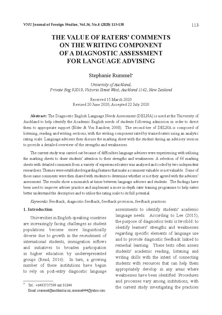 Giá trị những nhận xét của giám khảo chấm viết trong bài thi chẩn đoán nhu cầu tiếng Anh = The value of raters’ comments on the writing component of a diagnostic assessment for language advising