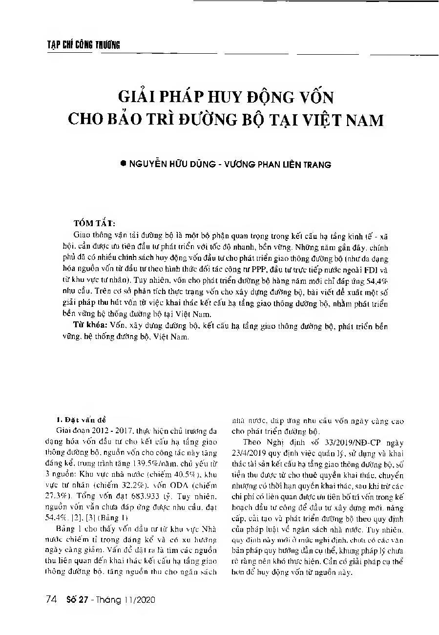 Giải pháp huy động vốn cho bảo trì đường bộ tại Việt Nam = Solutions to mobilize capital for maintaining Vietnam's road system