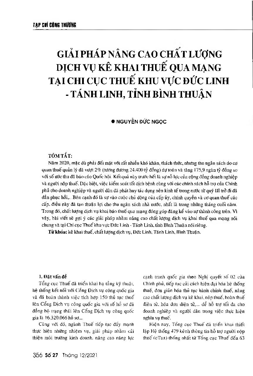 Giải pháp nâng cao chất lượng dịch vụ kê khai thuế qua mạng tại Chi cục Thuế khu vực Đức Linh - Tánh Linh, tỉnh Bình Thuận = Solutions to improve the quality of online tax declaration services at the regional tax department of Due Linh - Tanh Linh, Binh Thuan Province