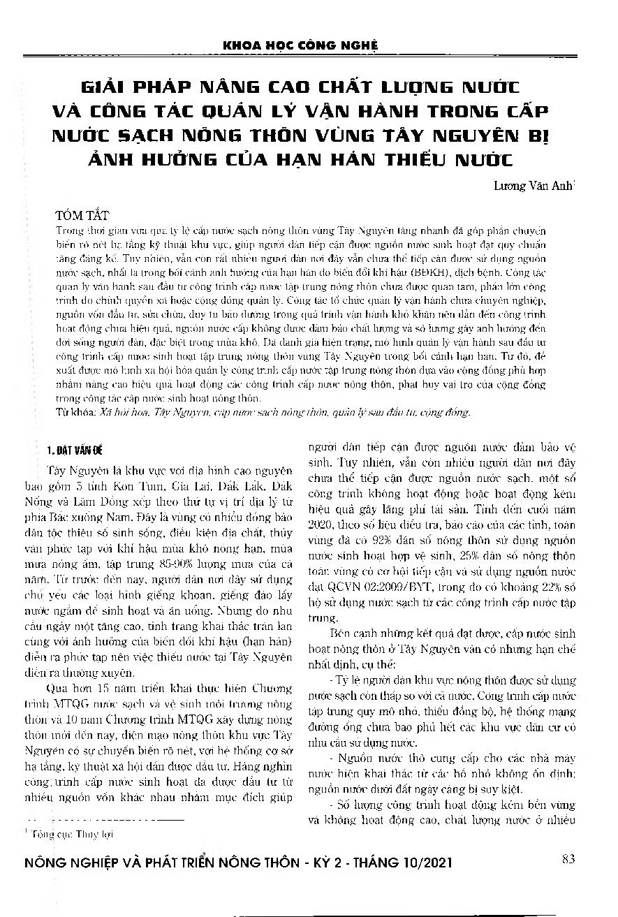 Giải pháp nâng cao chất lượng nước và công tác quản lý vận hành trong cấp nước sạch nông thôn vùng Tây Nguyên bị ảnh hưởng của hạn hán thiếu nước = Solutions for improving water quality and operation and management in rural water supply for drought affected areas of Central Highlands