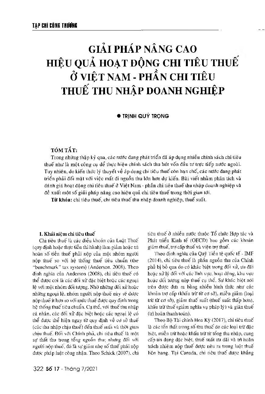Giài pháp nâng cao hiệu quả hoạt động chi tiêu thuế ở Việt Nam - Phần chi tiêu thuế thu nhập doanh nghiệp = Solutions to improve the effeciency of Vietnam's corporate income tax expenditures