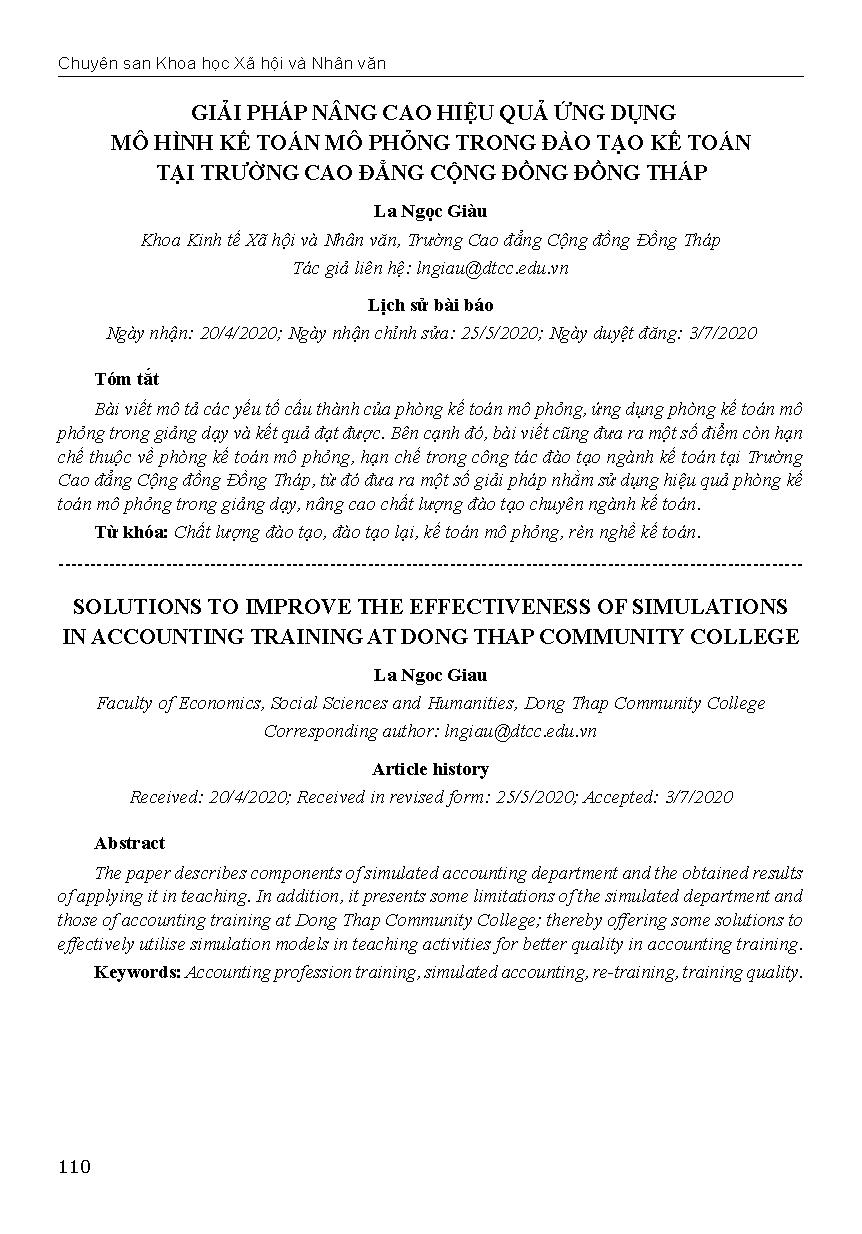 Giải pháp nâng cao hiệu quả ứng dụng mô hình kế toán mô phỏng trong đào tạo kế toán tại trường Cao đẳng Cộng đồng Đồng Tháp = Solutions to improve the effectiveness of simulations in accounting training at dong thap community college