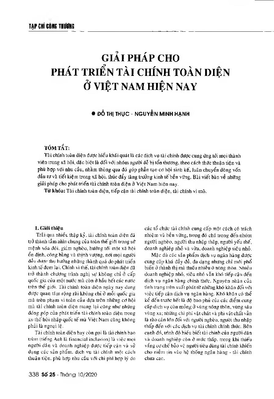 Giải pháp nào cho phát triển tài chính toàn diện ở Việt Nam hiện nay = Solutions for promoting financial inclusion in Vietnam