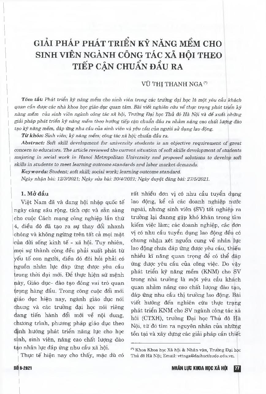 Giải pháp phát triển kỹ năng mềm cho sinh viên ngành công tác xã hội theo tiếp cận chuẩn đầu ra = Solutions for developing soft skills for social work students according to the output standard approach