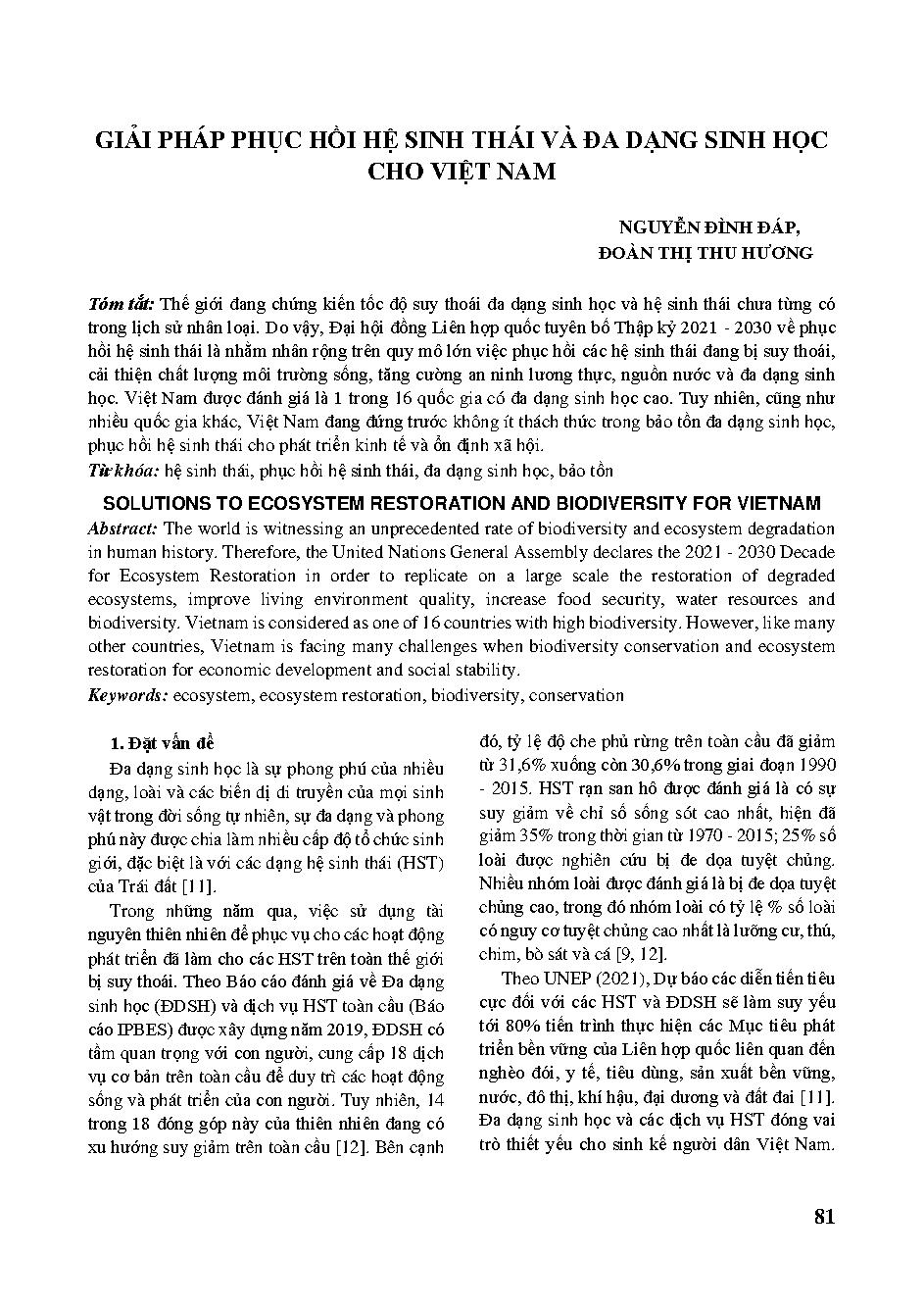 Giải pháp phục hồi hệ sinh thái và đa dạng sinh học cho Việt Nam = Solutions to ecosystem restoration and biodiversity for Vietnam