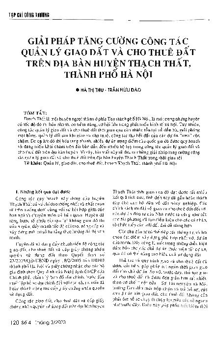 Giải pháp tăng cường công tác quản lý giao đất và cho thuê đất trên địa bàn huyện Thạch Thất, thành phố Hà Nội = Solutions to enhance the land allocation and land leasing management of Thach That district, Ha Noi