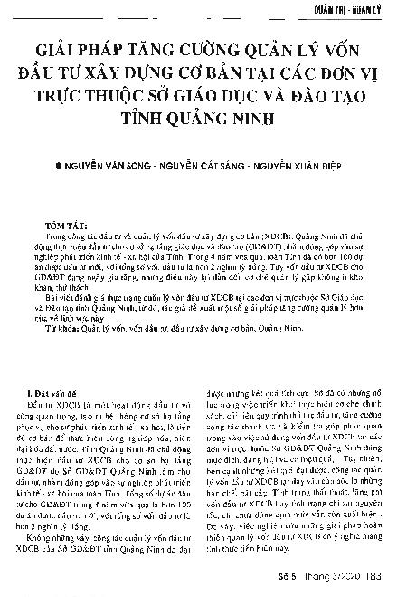 Giải pháp tăng cường quàn lý vốn đầu tư xây dựng cơ bản tại các đơn vị trực thuộc Sở Giáo dục và Đào tạo tỉnh Quảng Ninh = Solutions to improve the effectiveness of managing capital construction investment at units under Quang Ninh province's department of education and training