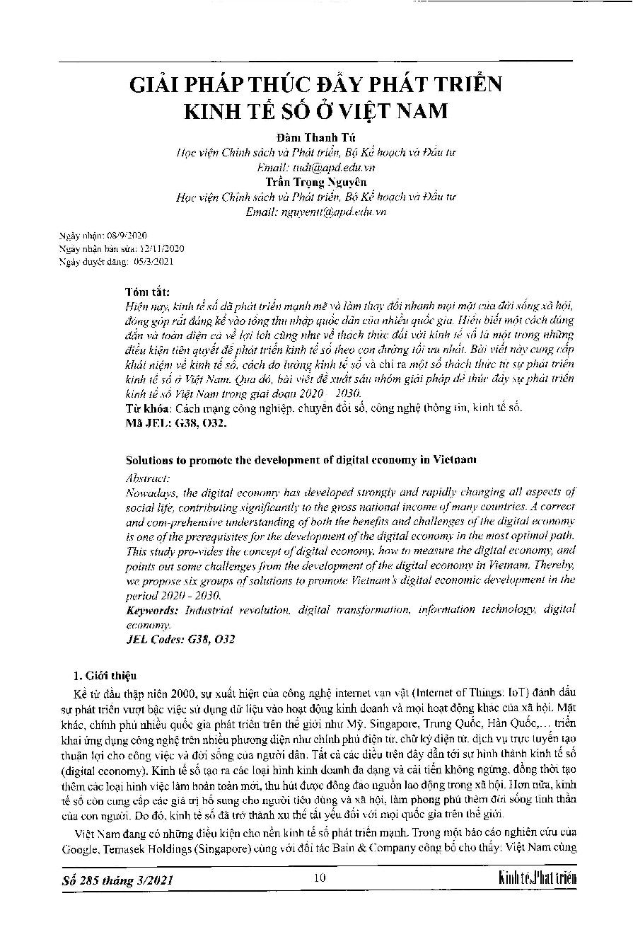 Giải pháp thúc đẩy phát triển kinh tế số ở Việt Nam = Solutions to promote the development of digital economy in Vietnam