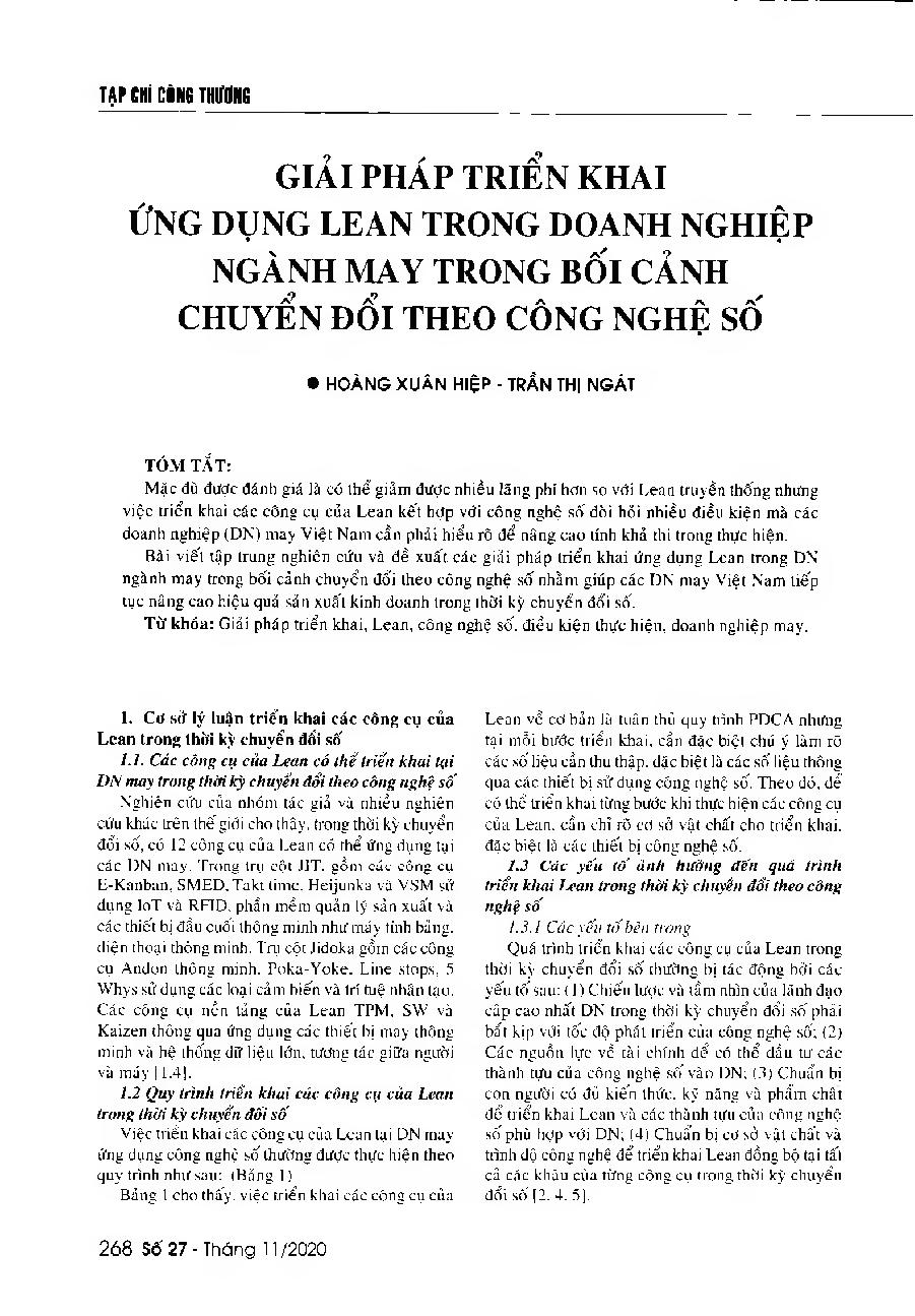 Giải pháp triển khai ứng dụng Lean trong doanh nghiệp ngành may trong bối cảnh chuyển đổi theo công nghệ số = Solutions to implement the digital lean manufacturing effectively in the garment and textile industry of Vietnam in the context of the digital transformation