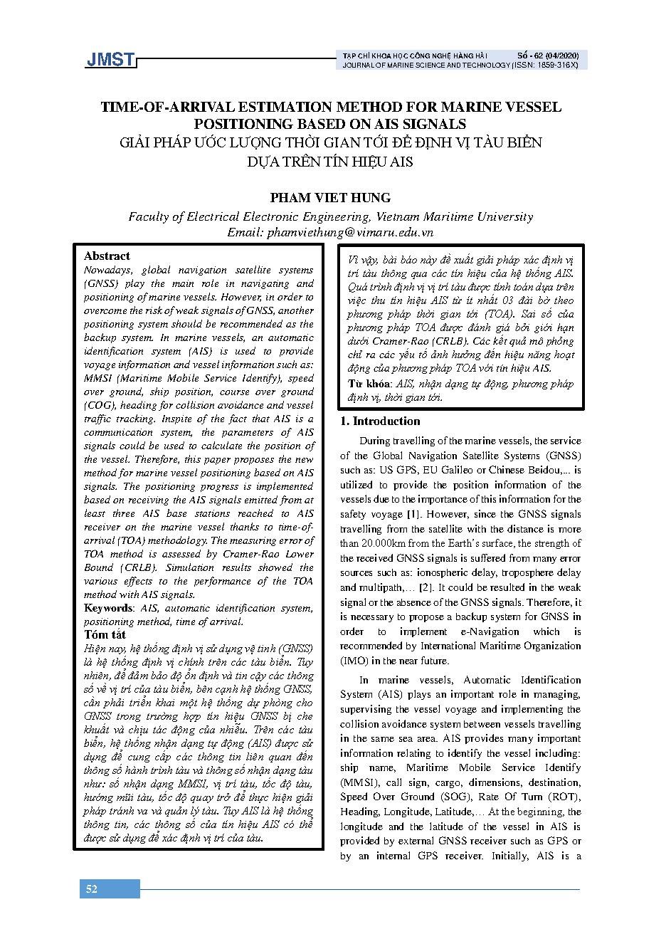 GIẢI PHÁP ƯỚC LƯỢNG THỜI GIAN TỚI ĐỂ ĐỊNH VỊ TÀU BIỂN DỰA TRÊN TÍN HIỆU AIS = TIME-OF-ARRIVAL ESTIMATION METHOD FOR MARINE VESSEL POSITIONING BASED ON AIS SIGNALS