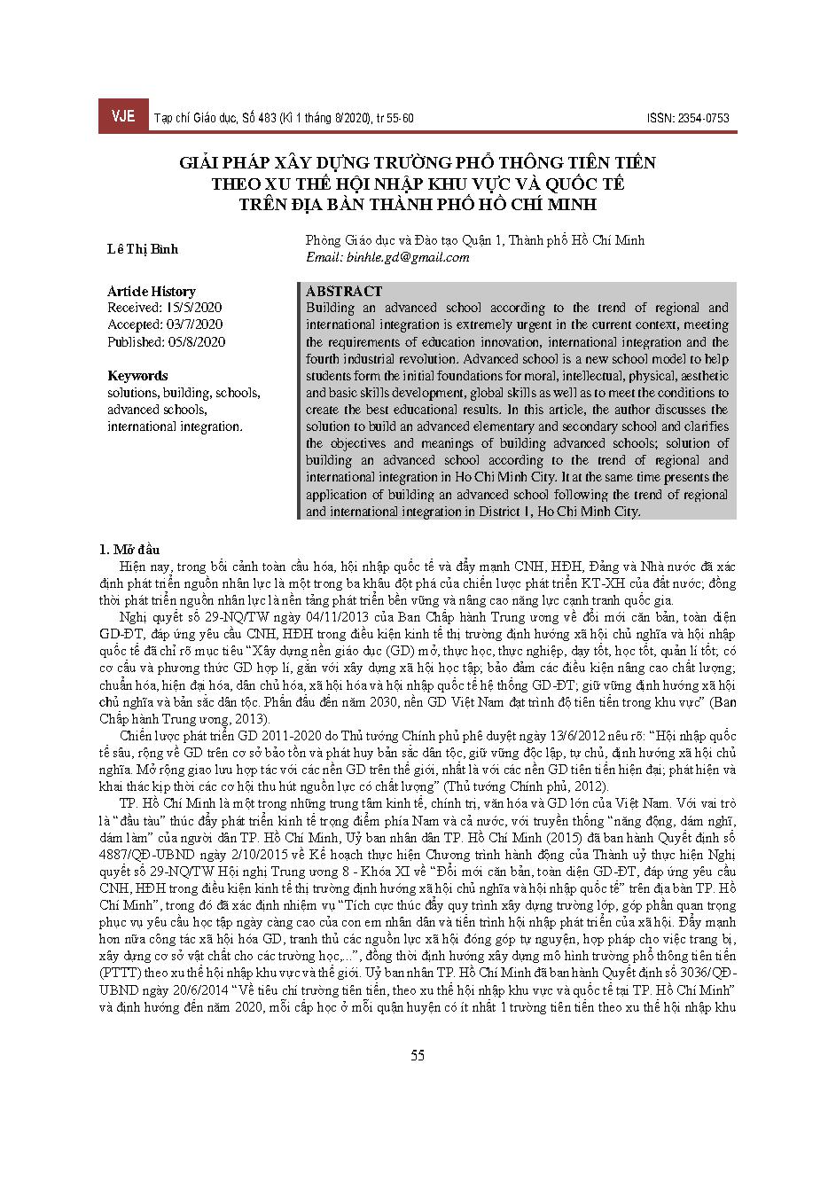 Giải pháp xây dựng trường phổ thông tiên tiến theo xu thế hội nhập khu vực và quốc tế trên địa bàn Thành phố Hồ Chí Minh = Solutions to building advanced schools according to the trend of regional and international integration in Ho Chi Minh City
