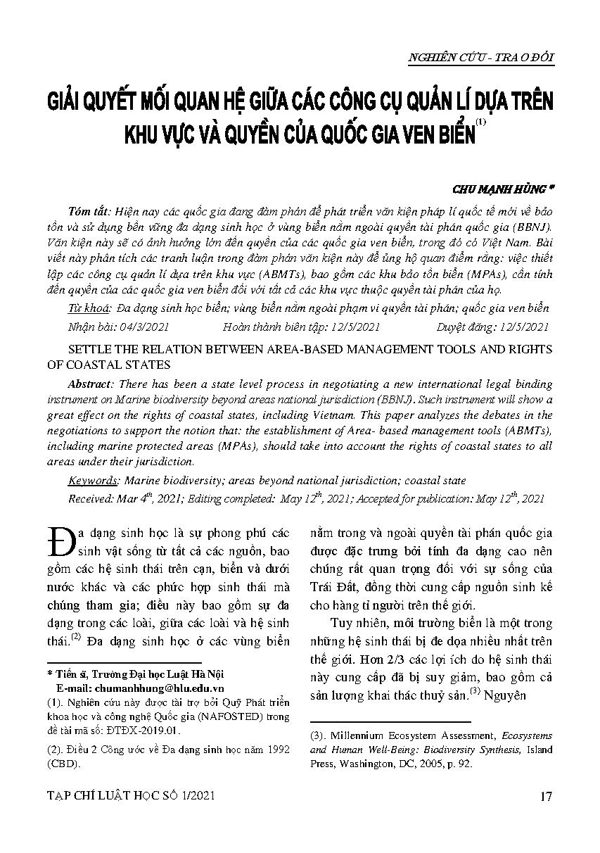 Giải quyết mối quan hệ giữa các công cụ quản lý dựa trên khu vực và quyền của quốc gia ven biển = SETTLE THE RELATION BETWEEN AREA-BASED MANAGEMENT TOOLS AND RIGHTS OF COASTAL STATES