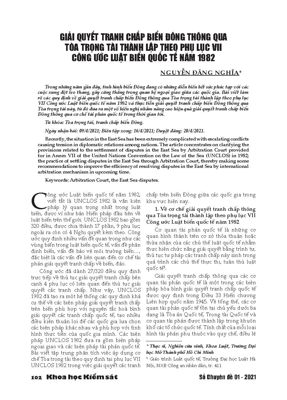 Giải quyết tranh chấp biển Đông thông qua Tòa trọng tài thành lập theo phụ lục VII Công ước Luật biển quốc tế năm 1982 = Settlement of disputes in the East Sea through an Arbitral Tribunal established under Annex VII of the 1982 UNCLOS