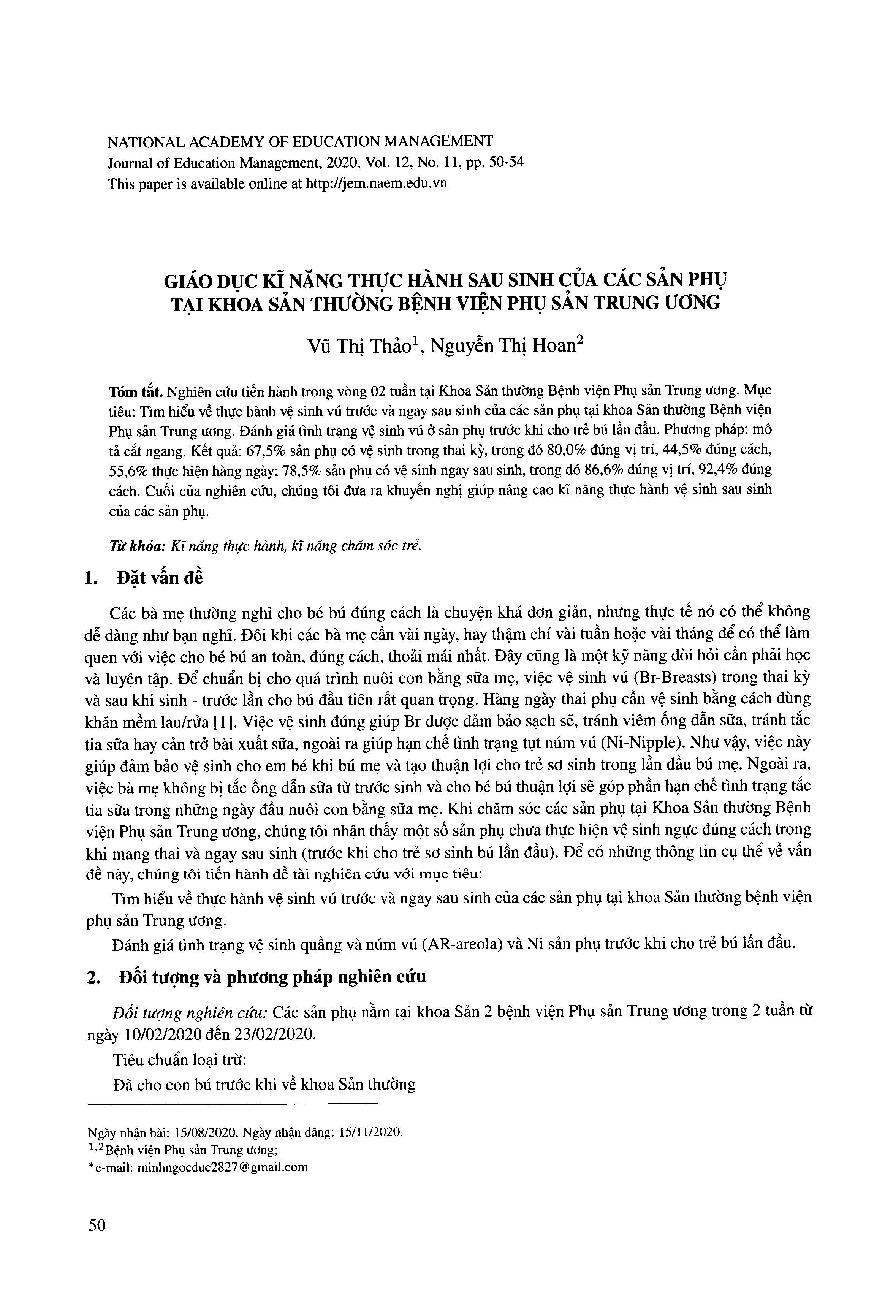 Giáo dục kĩ năng thực hành sau sinh của các sản phụ tại khoa sản thường Bệnh viện Phụ sản Trung ương = Education skills for Practices on breast hygiene of mothers at department of obstetrics at national hospital of obstetrics and gynecology during pregnant time and right after birth