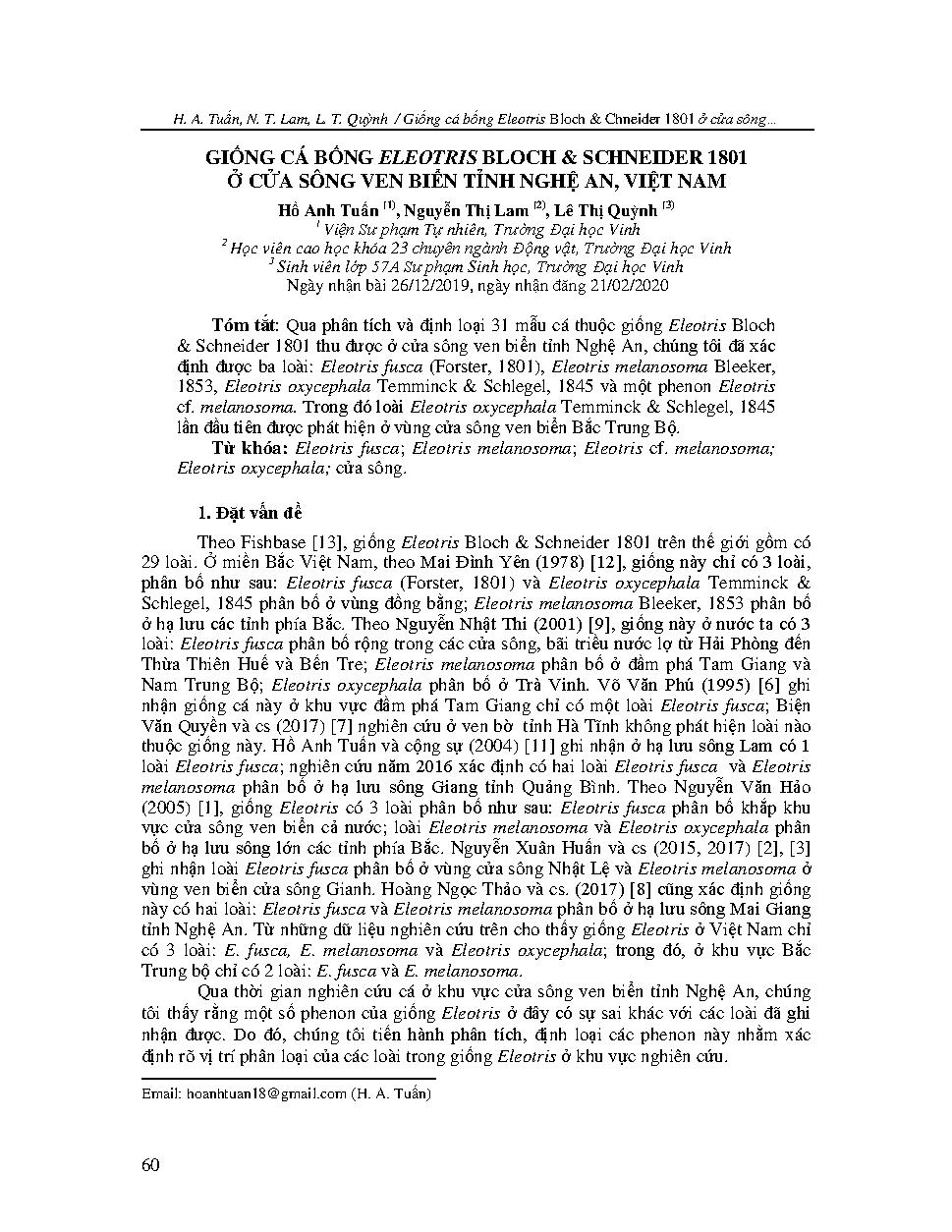 Giống cá bống Eleotris bloch & Schneider 1801 ở cửa sông ven biển tỉnh Nghệ An, Việt Nam = The genus Eleotris bloch & Schneider 1801 in estuarial and coastal areas of Nghe An province, Vietnam