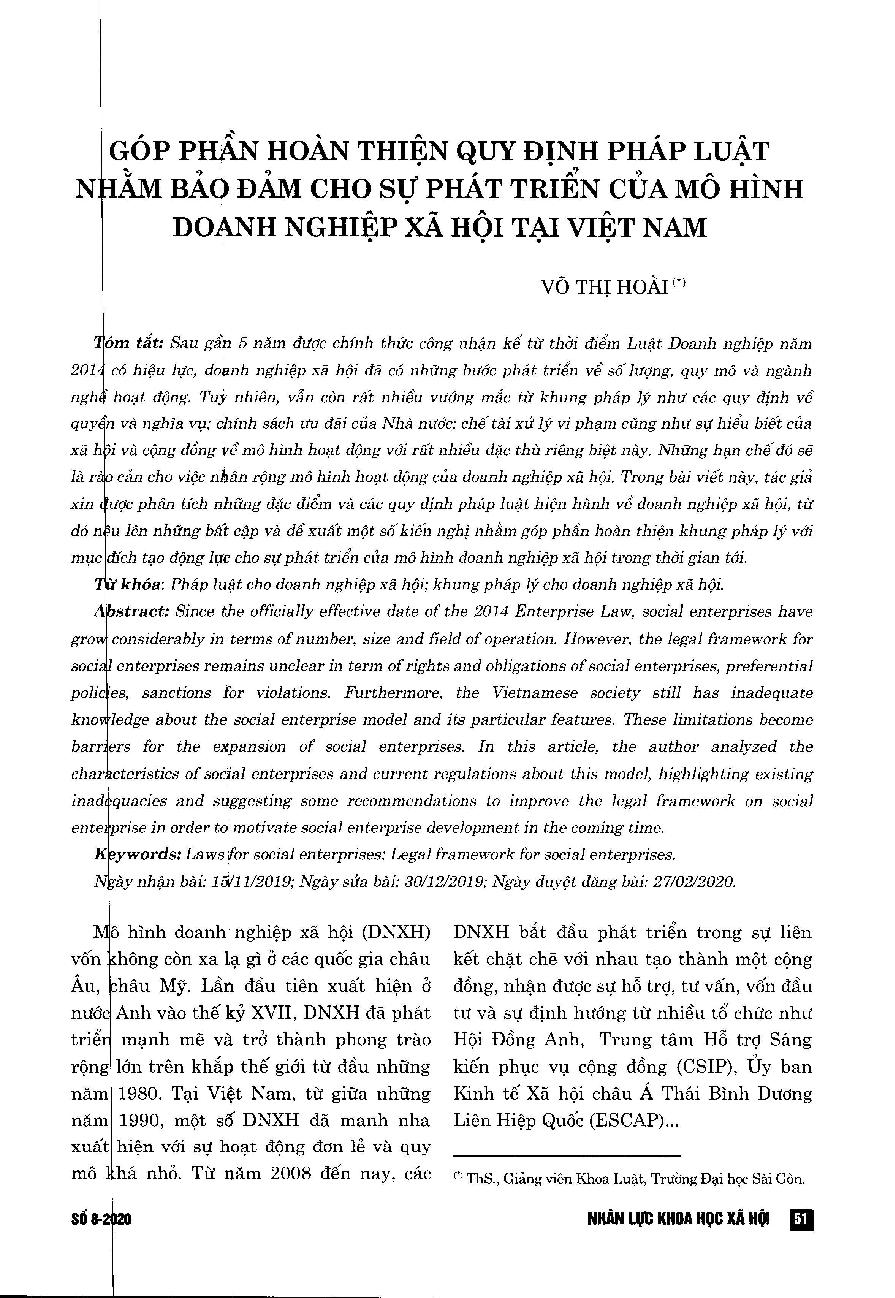 Góp phần hoàn thiện quy định pháp luật nhằm bảo đảm cho sự phát triển của mô hình doanh nghiệp xã hội tại Việt Nam = Towards improving the legal framework for social enterprise development in Vietnam