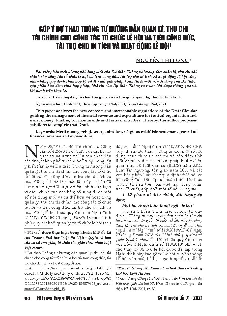 Góp ý Dự thảo Thông tư hướng dẫn quản lý, thu chi tài chính cho công tác tổ chức lễ hội và tiền công đức, tài trợ cho di tích và hoạt động lễ hội = Comment on Draft Circular guiding management, financial revenue and expenditure for festival organization and merit money, funding for monuments and festival activities