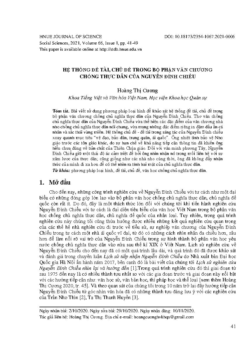 Hệ thống đề tài, chủ đề trong bộ phận văn chương chống thực dân của Nguyễn Đình Chiểu = System of topics and themes in Nguyen Dinh Chieu’s anti-colonial literary style