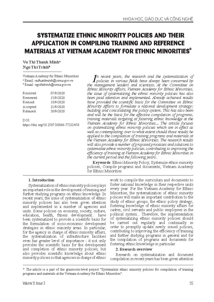 Hệ thống hóa chính sách dân tộc và sự vận dụng vào biên soạn chương trình, tài liệu đào tạo, bồi dưỡng tại Học viện Dân tộc = Systematize ethnic minority policies and their application in compiling training and reference materials at Vietnam academy for ethnic minorities