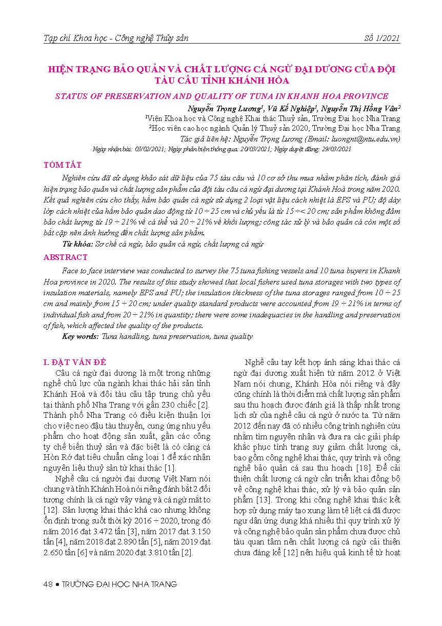Hiện trạng bảo quản và chất lượng cá ngừ đại dương của đội tàu câu tỉnh Khánh Hòa = Status of preservation and quality of tuna in Khanh Hoa province