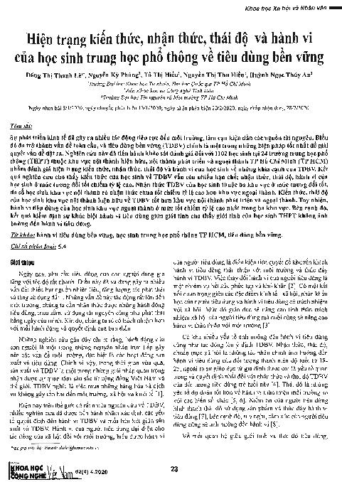 Hiện trạng kiến thức, nhận thức, thái độ và hành vi của học sinh trung học phổ thông về tiêu dùng bền vững = Current status of knowledge, awareness, attitudes and behaviours of high school students on sustainable consumption