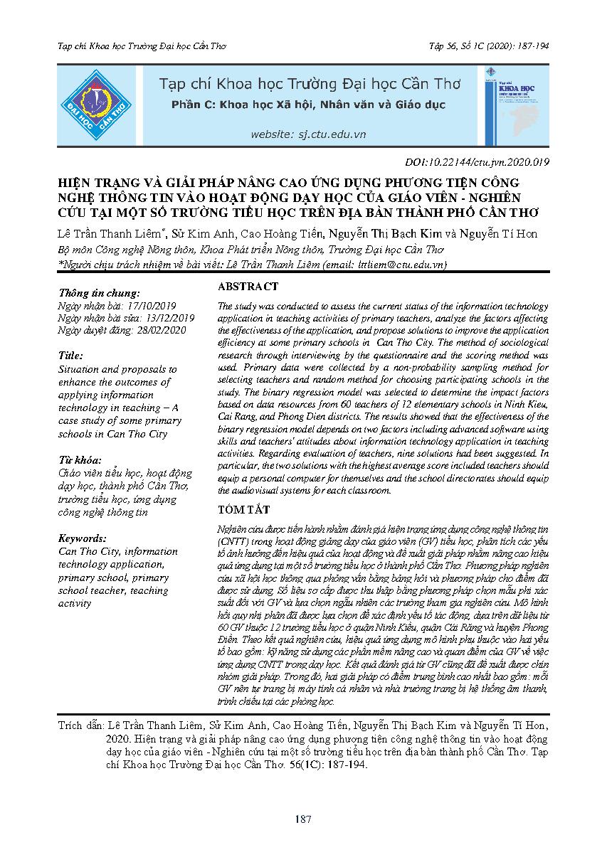 Hiện trạng và giải pháp nâng cao ứng dụng phương tiện công nghệ thông tin vào hoạt động dạy học của giáo viên - Nghiên cứu tại một số trường tiểu học trên địa bàn thành phố Cần Thơ = Situation and proposals to enhance the outcomes of applying information technology in teaching – A case study of some primary schools in Can Tho City