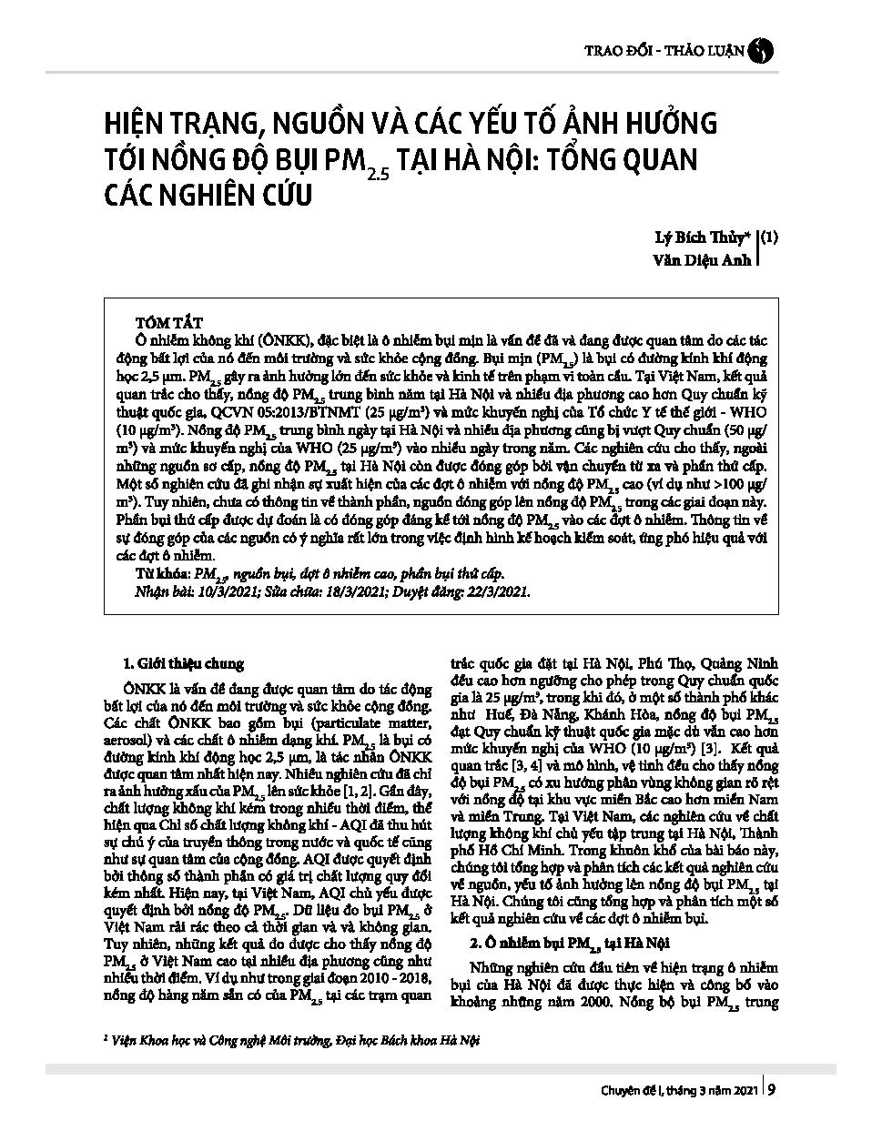 Hiện trạng, nguồn và các yếu tố ảnh hưởng tới nồng độ bụi PM2.5 tại Hà Nội: Tổng quan các nghiên cứu = Occurrence, sources and affected factors of PM2.5 In hanoi: A review