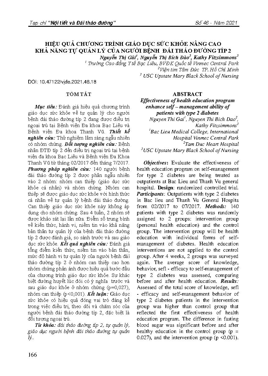 Hiệu quả chương trình giáo dục sức khỏe nâng cao khả năng tự quản lý của người bệnh đái tháo đường týp 2 = Effectiveness of health education program enhance self – management ability of patients with type 2 diabetes