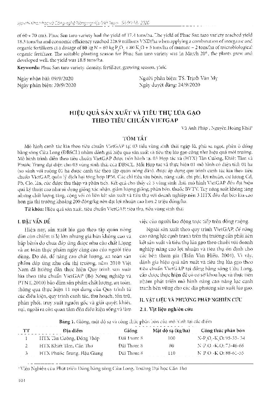 Hiệu quả sản xuất và tiêu thụ lúa gạo theo tiêu chuẩn VietGAP = Efficiencies of rice production and consumption under VietGAP standards
