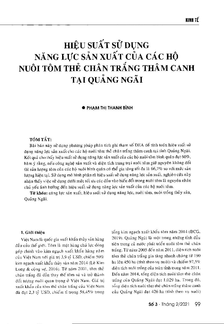 Hiệu suất sử dụng năng lực sản xuất của các hộ nuôi tôm thẻ chân trắng thâm canh tại Quảng Ngãi = The productive capacity utilization of intensive white-leg shrimp farming households in Quang Ngai Province