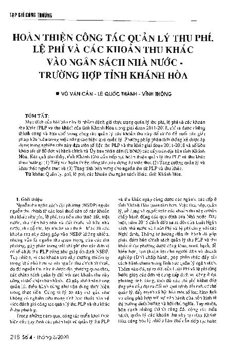 Hoàn thiện công tác quản lý thu phí, lệ phí và các khoản thu khác vào ngân sách nhà nước - trường hợp tỉnh Khánh Hòa = Improving efficiency of charges, fees and other budget revenues management: A case study of Khanh Hoa province