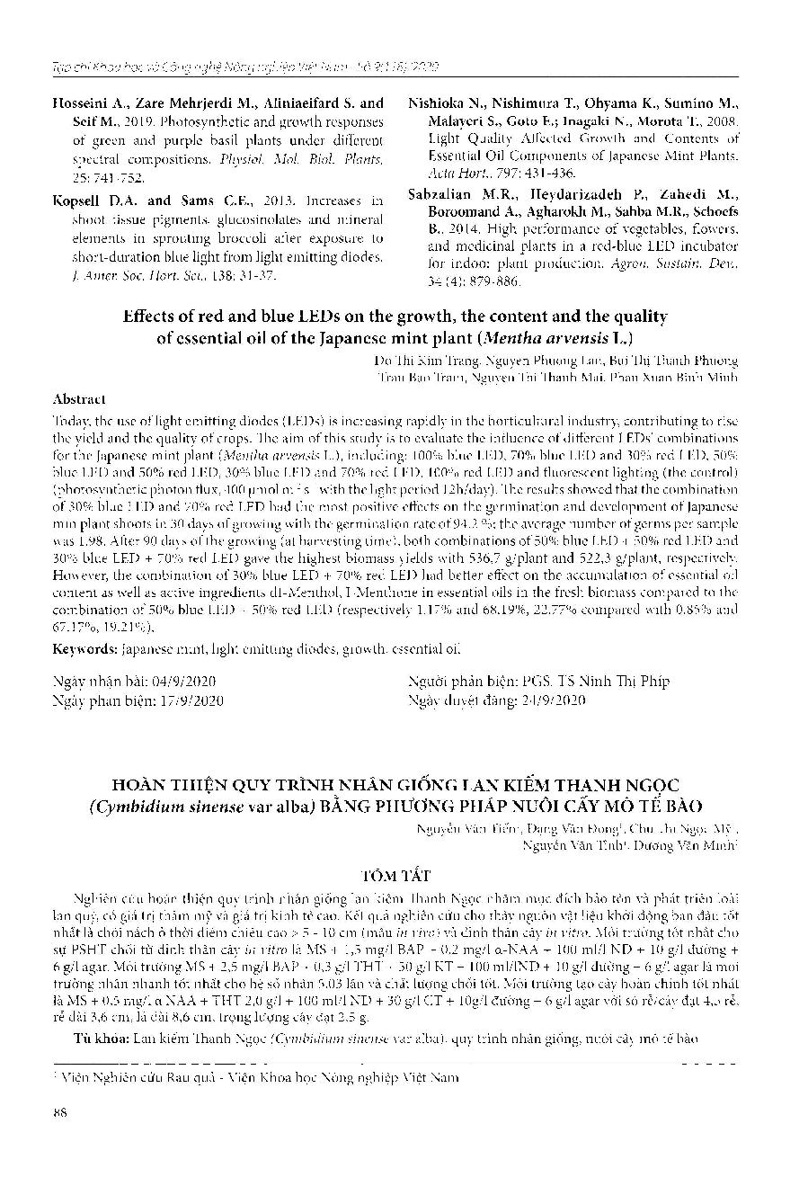 Hoàn thiện quy trình nhân giống lan kiếm thanh ngọc (Cymbidium sinense var alba) bằng phương pháp nuôi cấy mô tế bào = Completion of the propagation procedure for Cymbidium sinense var alba by tissue culture