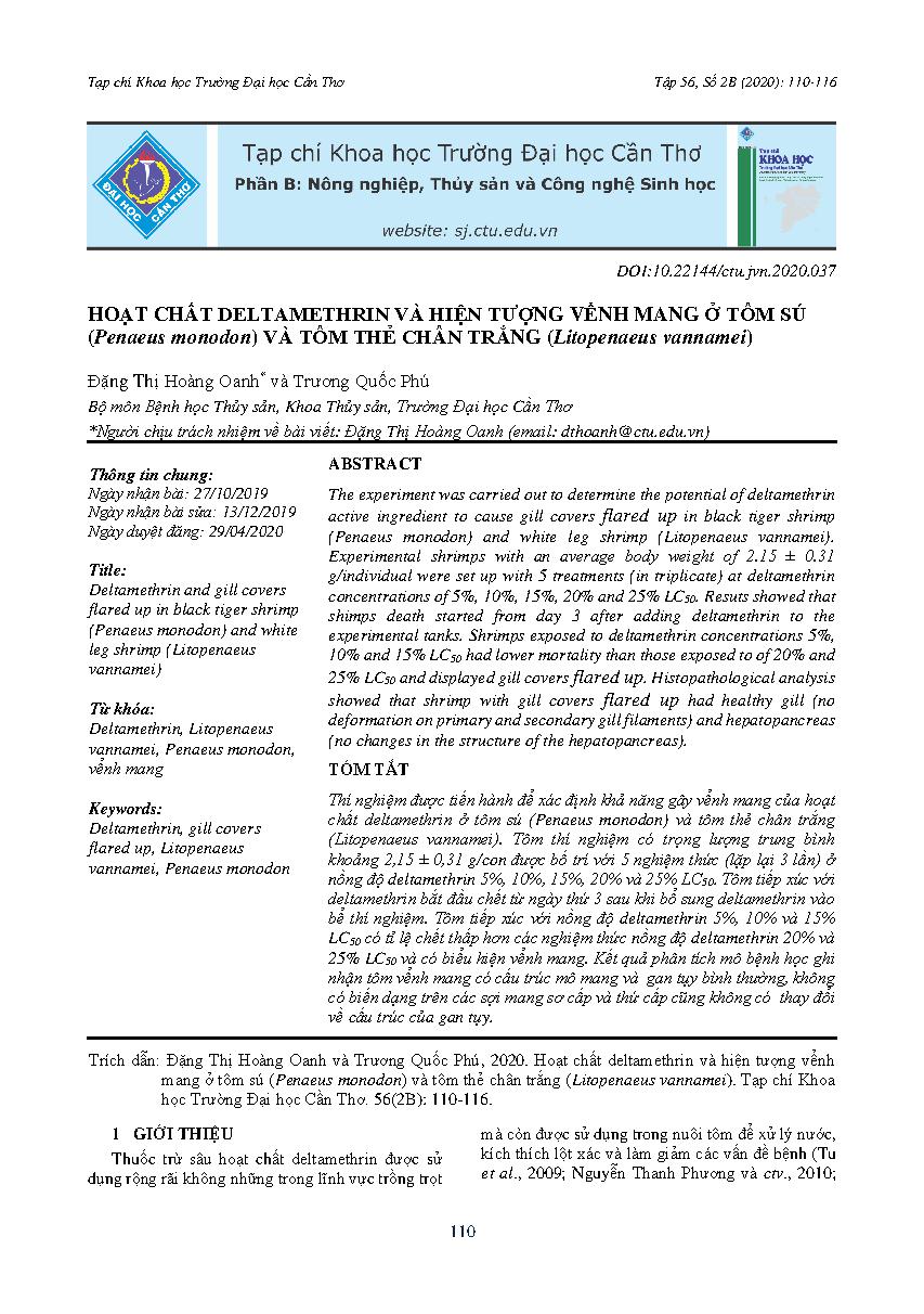 Hoạt chất deltamethrin và hiện tượng vểnh mang ở tôm sú (Penaeus monodon) và tôm thẻ chân trắng (Litopenaeus vannamei) = Deltamethrin and gill covers flared up in black tiger shrimp (Penaeus monodon) and white leg shrimp (Litopenaeus vannamei)