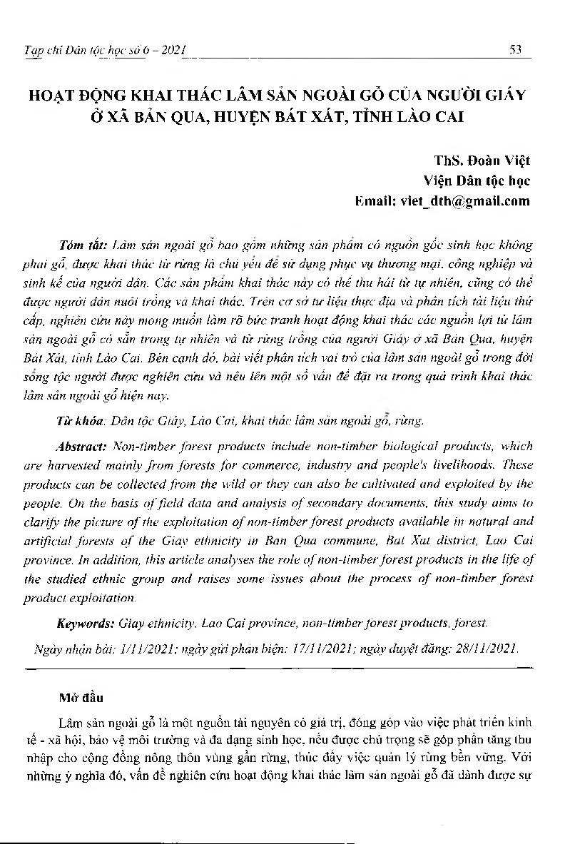 Hoạt động khai thác lâm sản ngoài gỗ của người Giáy ở xã Bản Qua, huyện Bát Xát, tỉnh Lào Cai = Non-timber forest products exploitation activities of Giay people in Ban Qua commune, Bat Xat district, Lao Cai province