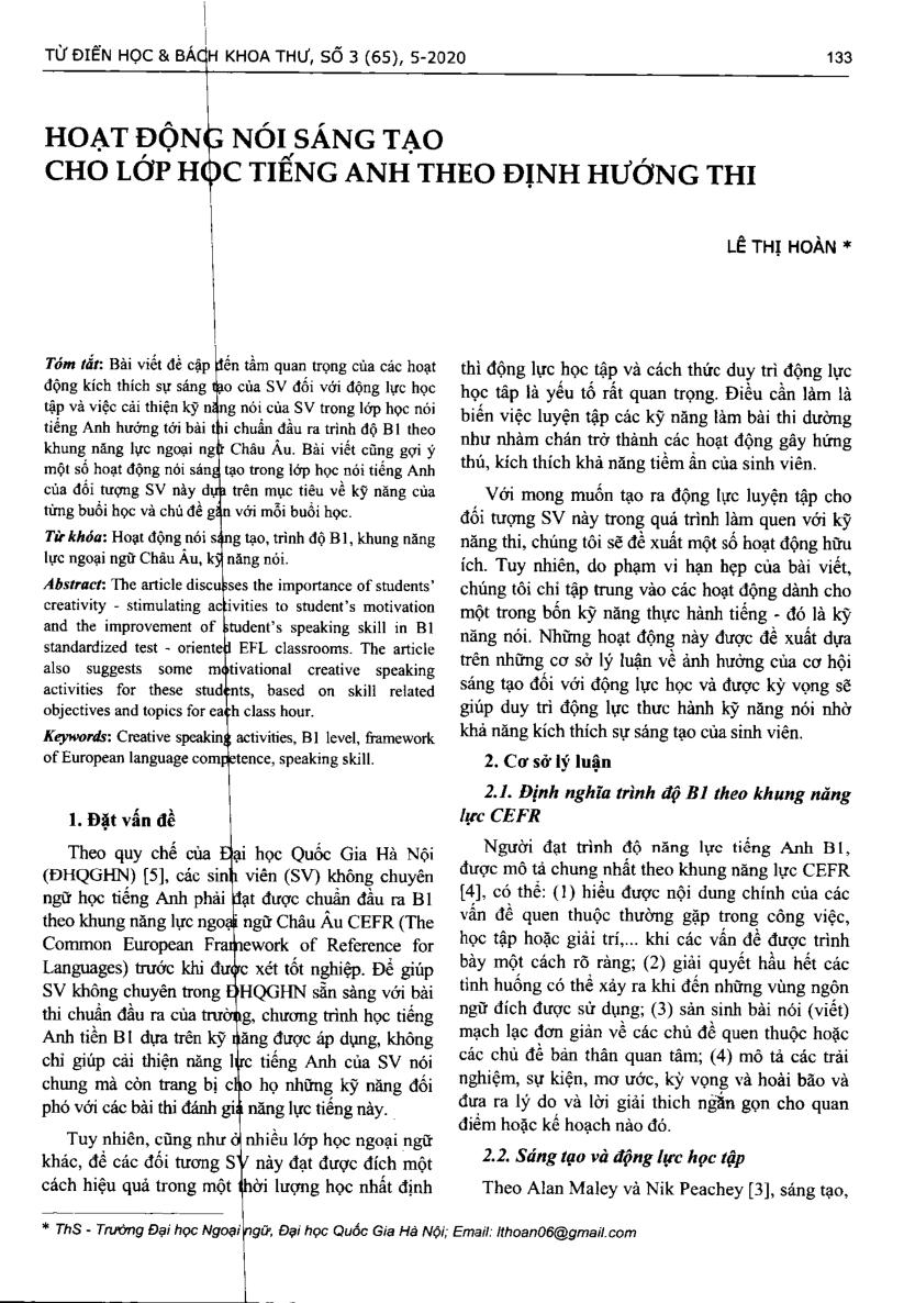 Hoạt động nói sáng tạo cho lớp học tiếng Anh theo định hướng thi = Creative speaking activities for test oriented EFL classrooms