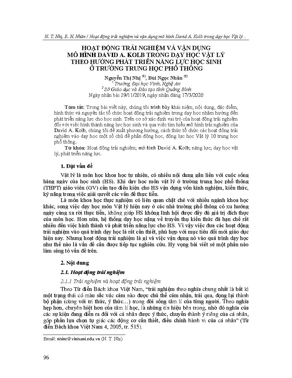 Hoạt động trải nghiệm và vận dụng mô hình David A. Kolb trong dạy học vật lý theo hướng phát triển năng lực học sinh ở trường trung học phổ thông = Experiential activities and application of david a. kolb model in teaching physics toward developing capacity for students at high schools