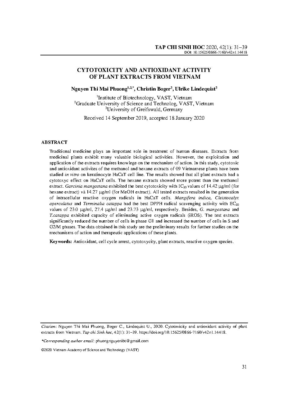 Hoạt tính gây độc tế bào và chống oxi hóa của một số dịch chiết thực vật ở Việt Nam = Cytotoxicity and antioxidant activity of plant extracts from Vietnam