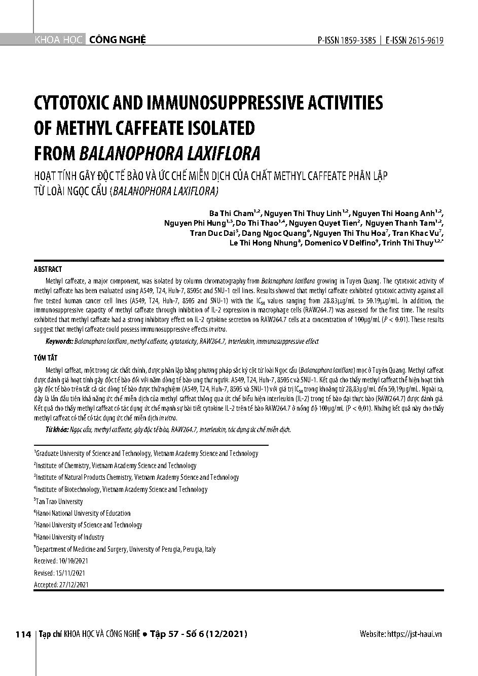 Hoạt tính gây độc tế bào và ức chế miễn dịch của chất methyl caffeate phân lập từ loài Ngọc cẩu (Balanophora laxiflora) = Cytotoxic and immunosuppressive activities of methyl caffeate isolated from Balanophora laxiflora