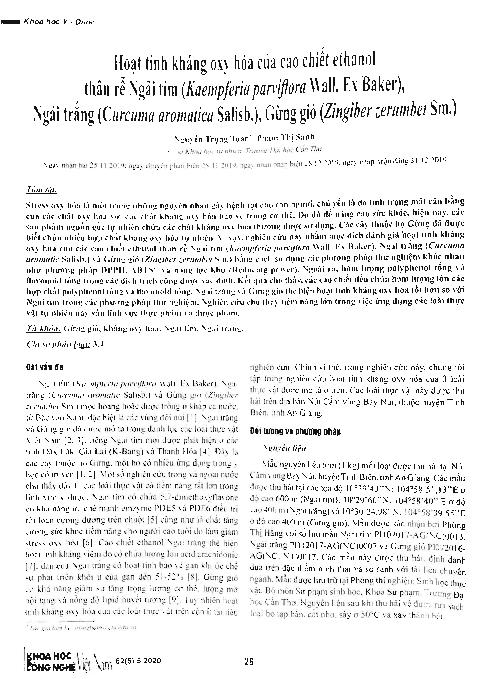Hoạt tính kháng oxy hóa của cao chiết ethanol thân rễ Ngải tím (Kaempferia parviflora,ra Wall. Ex Baker), Ngải trắng (Curcuma aromatica Salisb.), Gừng gió (Zingiber zerumbet Sm.) = Antioxidant activity of ethanolic rhizomes extracts of Kaempferia parviflora Wall. Ex Baker, Curcuma aromatica Salisb., and Zingiber zerumbet Sm.