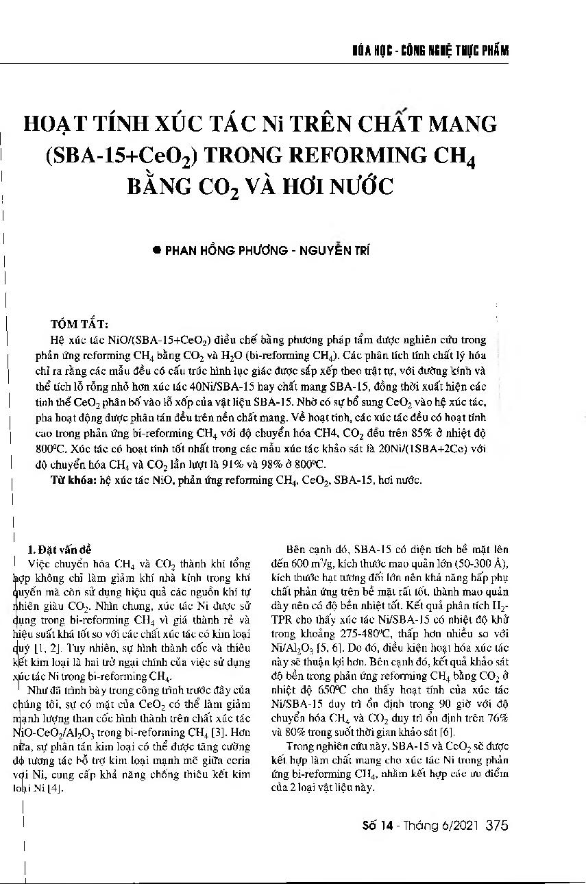 Hoạt tính xúc tác Ni trên chất mang (SBA-15+CeO2) trong reforming CH4 bằng CO2 và hơi nước = Activity of Ni-based catalyst supported on (SBA-15+CeO2) in combined steam and CO2 reforming of CH4