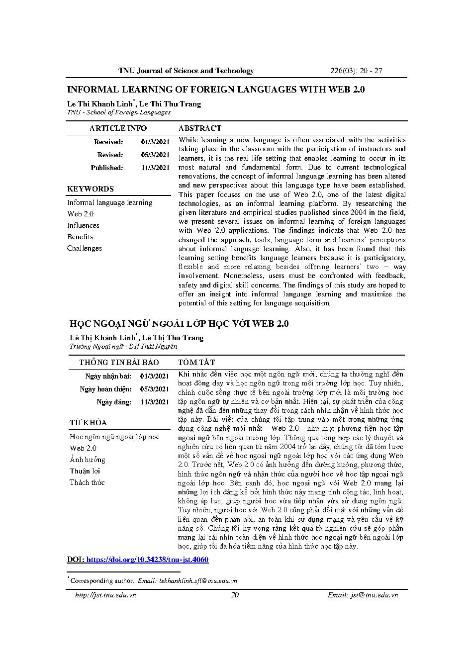 Học ngoại ngữ ngoài lớp học với web 2.0 = Informal learning of foreign languages with web 2.0