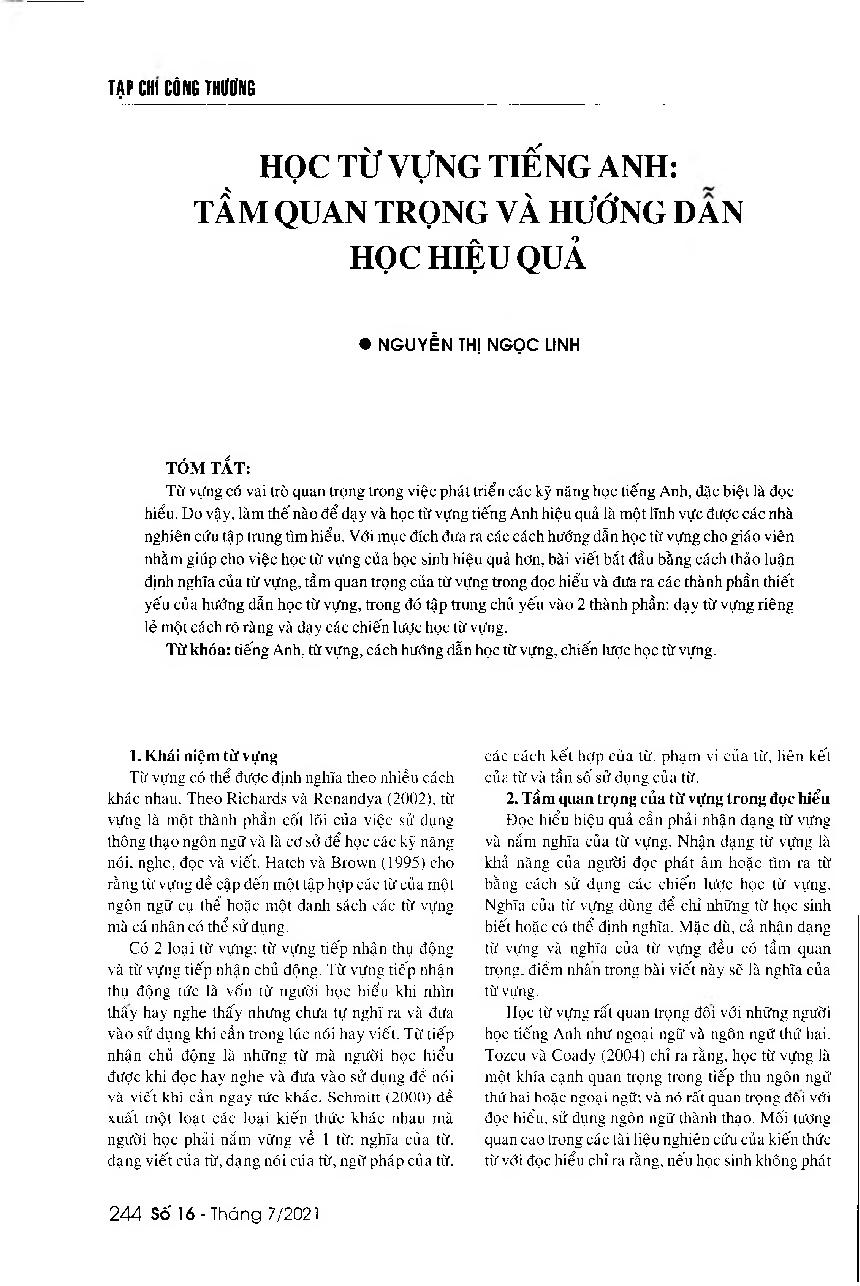 Học từ vựng tiếng Anh: Tầm quan trọng và hướng dẫn học hiệu quả = The important role of learning English vocabulary and some effective learning methods