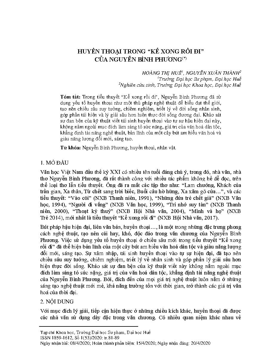 Huyền thoại trong “kể xong rồi đi” của Nguyễn Bình Phương = Myths in “Tell it all then leave” of Nguyen Binh Phuong