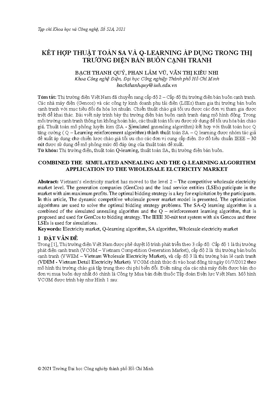 Kết hợp thuật toán sa và q-learning áp dụng trong thị trường điện bán buôn cạnh tranh = Combined the simulated annealing and the q-learning algorithm application to the wholesale elctricity market