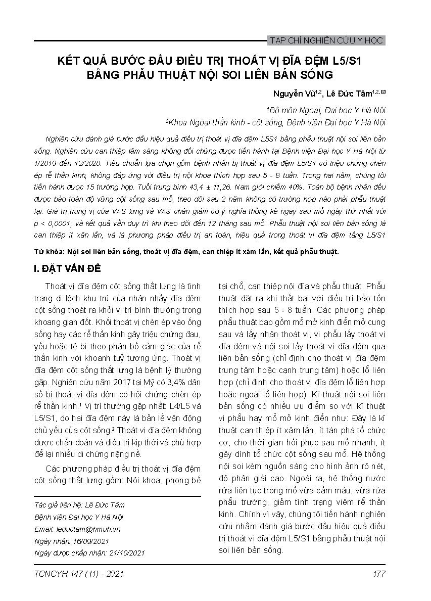 Kết quả bước đầu điều trị thoát vị đĩa đệm L5/S1 bằng phẫu thuật nội soi liên bản sống = Initial clinical outcomes of percutaneous full endoscopic lumbar discectomy using an interlaminar approach at the L5/S1