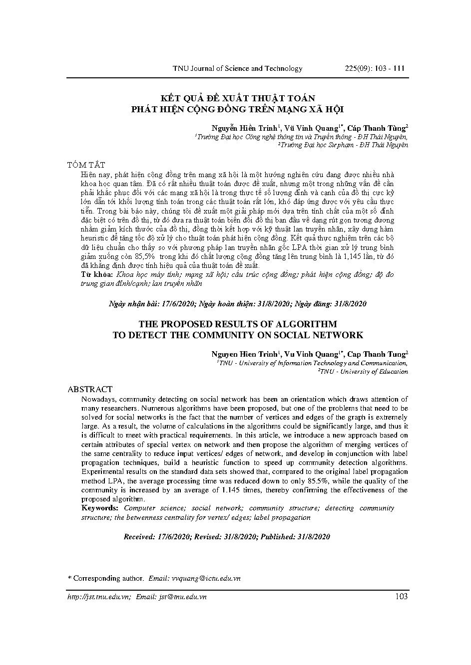 Kết quả đề xuất thuật toán phát hiện cộng đồng trên mạng xã hội = The proposed results of algorithm to detect the community on social network