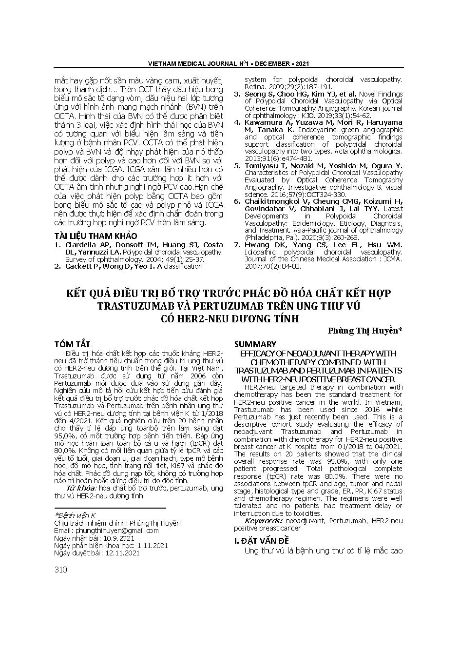 Kết quả điều trị bổ trợ trước phác đồ hóa chất kết hợp trastuzumab và pertuzumab trên ung thư vú có HER2-neu dương tính = Efficacy of neoadjuvant therapy with chemotherapy combined with trastuzumab and pertuzumab in patients with HER2-neu positive breast cancer
