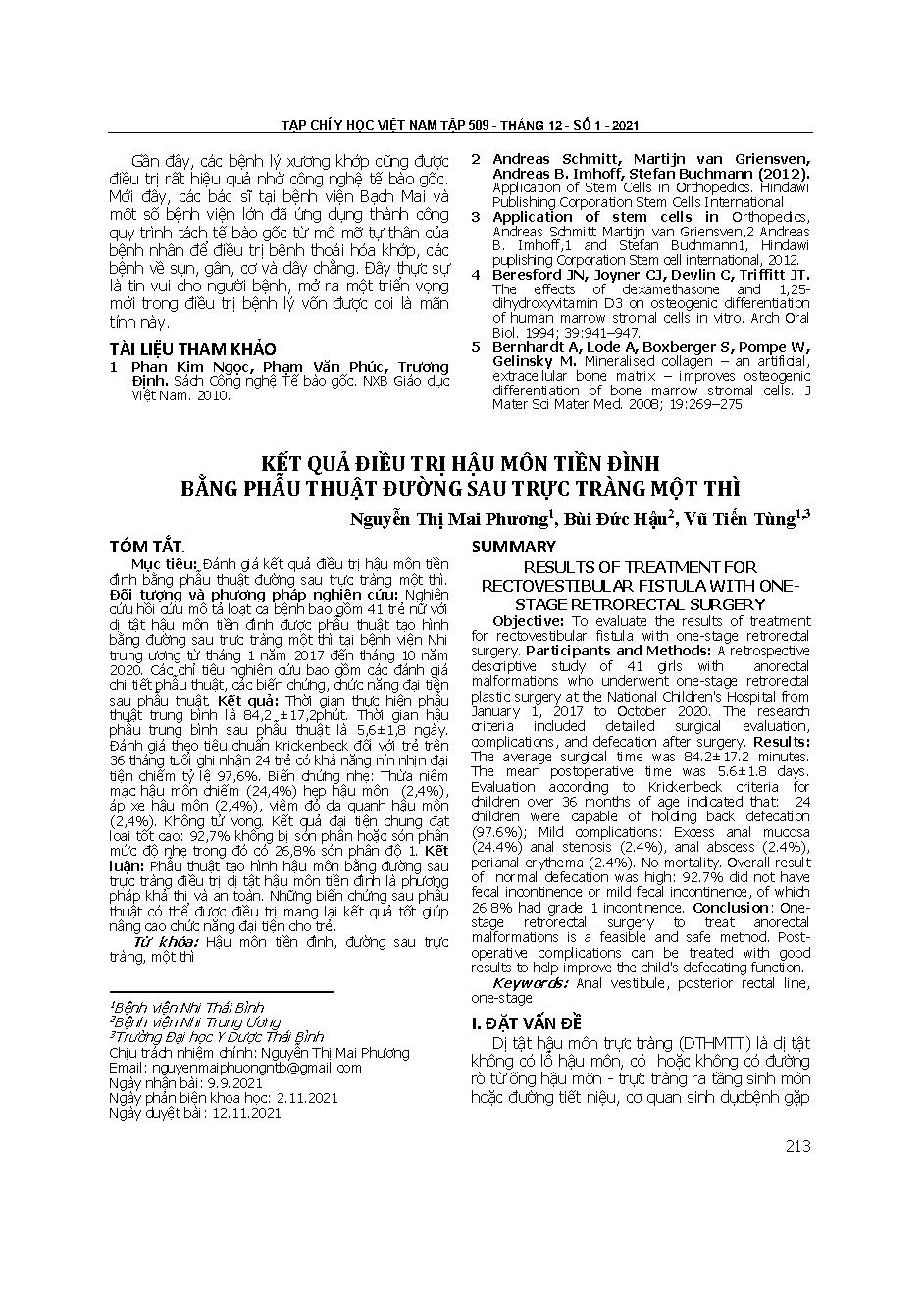 Kết quả điều trị hậu môn tiền đình bằng phẫu thuật đường sau trực tràng một thì = Results of treatment for rectovestibular fistula with one-stage retrorectal surgery